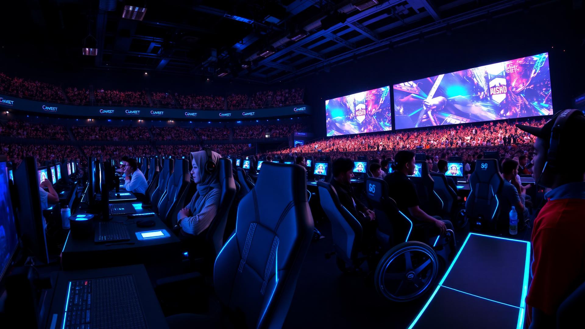 Arène esport africaine futuriste avec joueurs et écrans géants